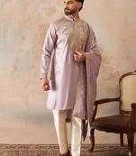 Men lavender zari embroidered silk blend kurta with trousers & dupatta