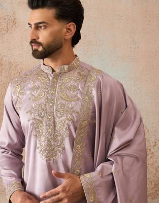 Men lavender zari embroidered silk blend kurta with trousers & dupatta 1