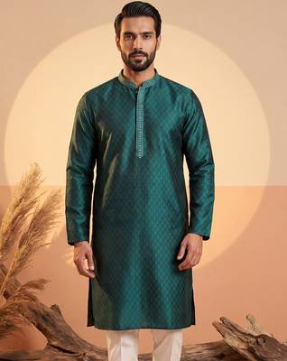 Mens teal silk blend woven design straight kurta 1