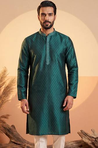 Mens teal silk blend woven design straight kurta