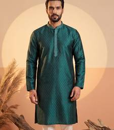 Mens teal silk blend woven design straight kurta