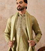Men green zari embroidered silk blend kurta with trousers & dupatta