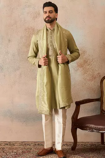 Men green zari embroidered silk blend kurta with trousers & dupatta