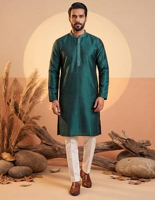 Mens teal silk blend woven design straight kurta 3