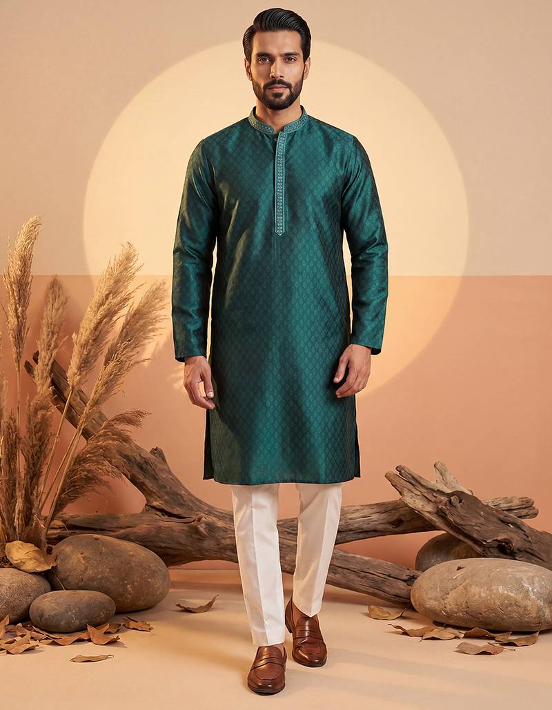 Mens teal silk blend woven design straight kurta