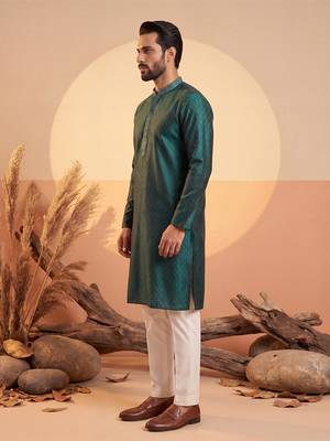 Mens teal silk blend woven design straight kurta 4