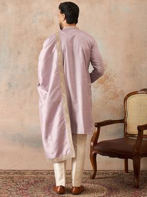 Men lavender zari embroidered silk blend kurta with trousers & dupatta 4