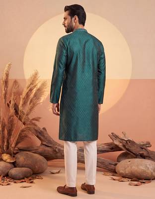 Mens teal silk blend woven design straight kurta 5