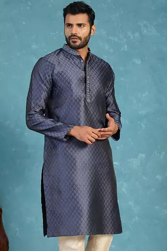 Mens blue jacquard woven design straight kurta