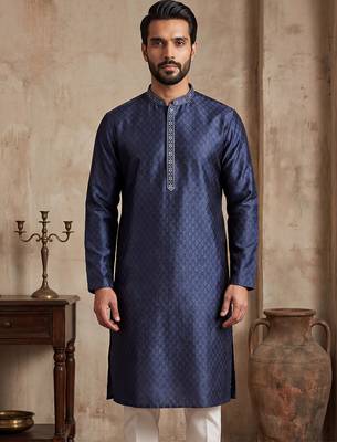 Mens blue jacquard woven design straight kurta 1