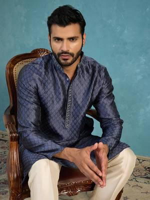 Mens blue jacquard woven design straight kurta 2