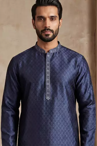 Mens blue jacquard woven design straight kurta
