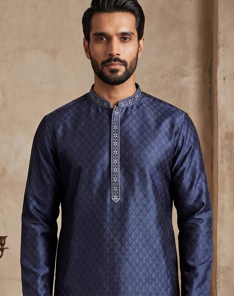 Mens blue jacquard woven design straight kurta