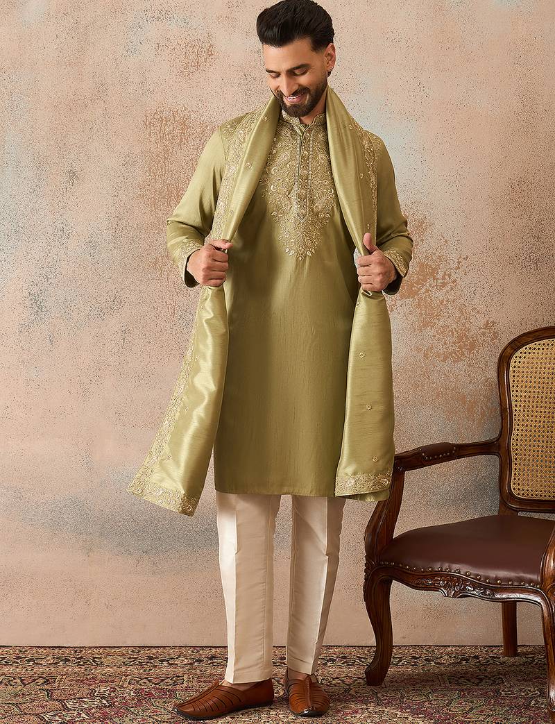 Men green zari embroidered silk blend kurta with trousers & dupatta