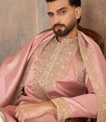 Men pink zari embroidered silk blend kurta with trousers & dupatta