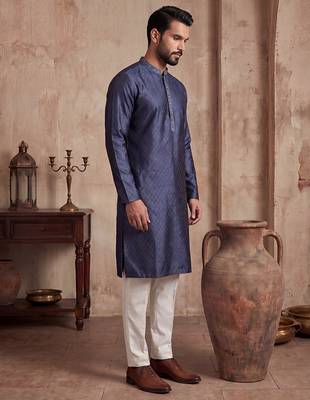Mens blue jacquard woven design straight kurta 4