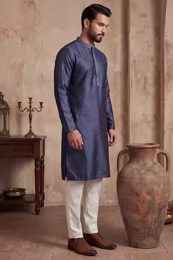 Mens blue jacquard woven design straight kurta