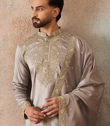 Men grey silk blend embroidered ethnic kurta with trousers & dupatta