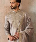 Men grey silk blend embroidered ethnic kurta with trousers & dupatta