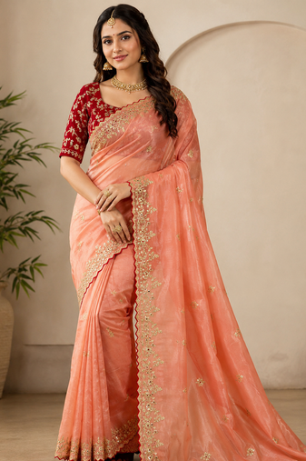 Light Orange Color Embroidery Sequence Work with Rich Floral Border Silk Blend Saree