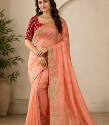 Light Orange Color Embroidery Sequence Work with Rich Floral Border Silk Blend Saree