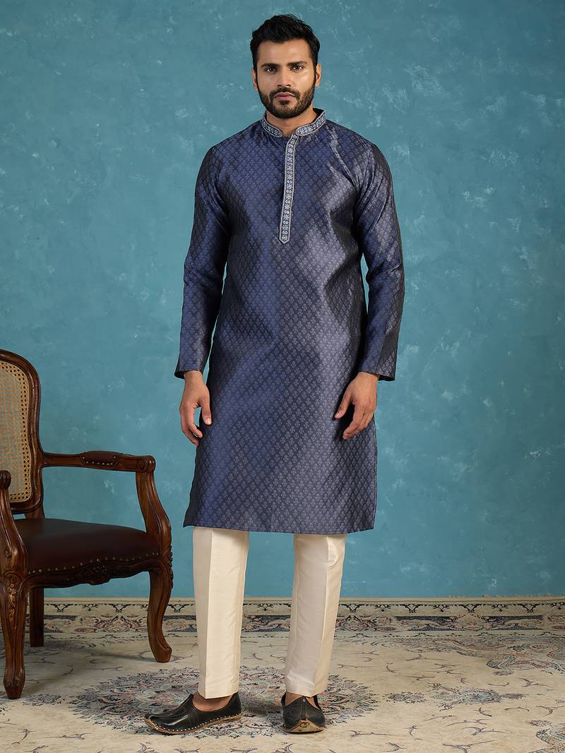 Mens blue jacquard woven design straight kurta