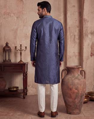 Mens blue jacquard woven design straight kurta 5