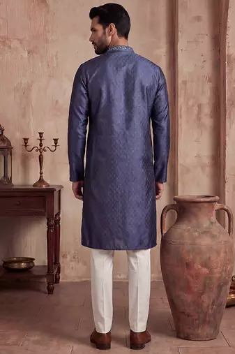 Mens blue jacquard woven design straight kurta
