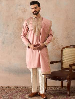 Men pink zari embroidered silk blend kurta with trousers & dupatta 2
