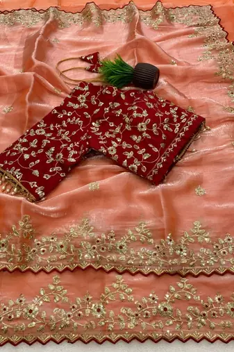 Light Orange Color Embroidery Sequence Work with Rich Floral Border Silk Blend Saree