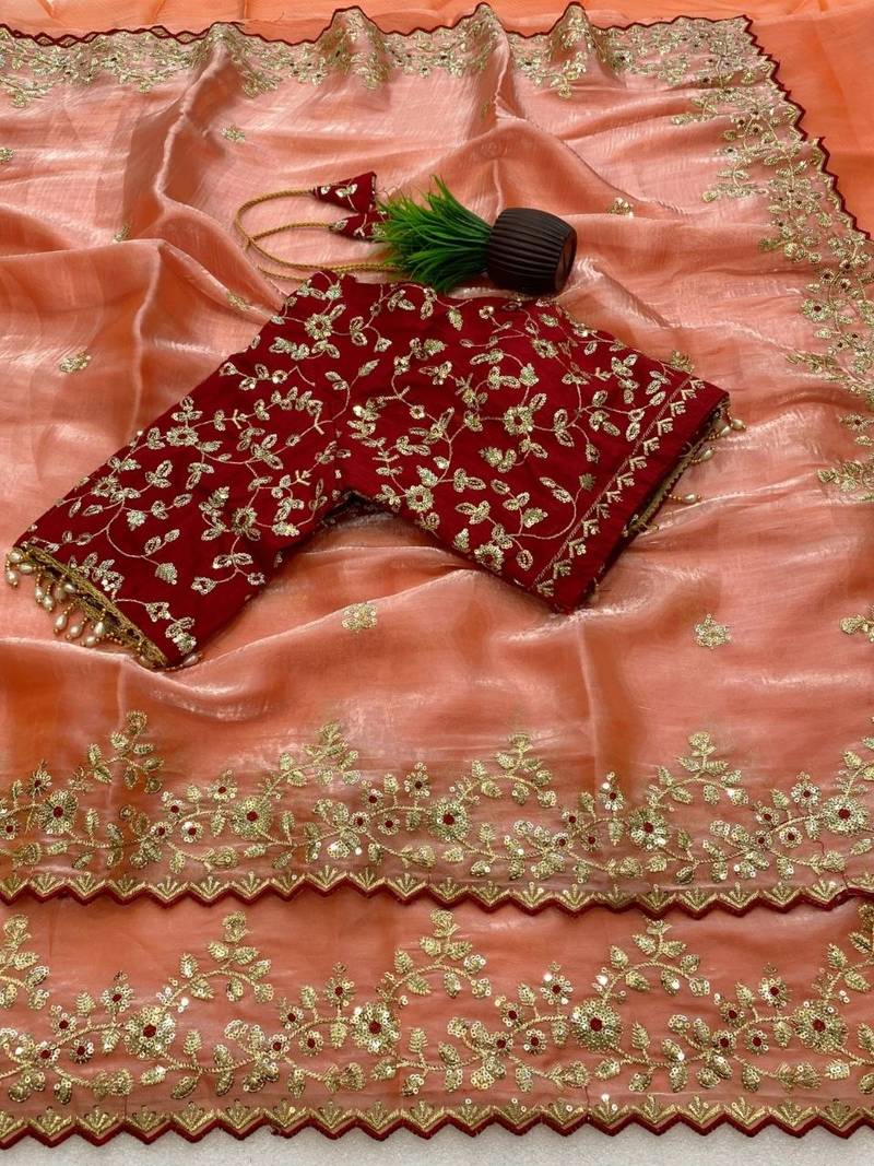 Light Orange Color Embroidery Sequence Work with Rich Floral Border Silk Blend Saree