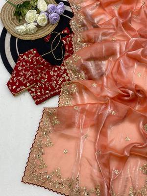 Light Orange Color Embroidery Sequence Work with Rich Floral Border Silk Blend Saree 3