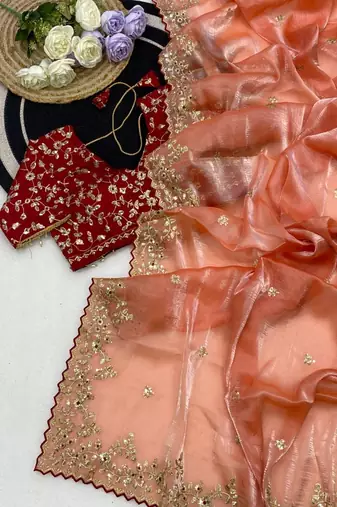 Light Orange Color Embroidery Sequence Work with Rich Floral Border Silk Blend Saree