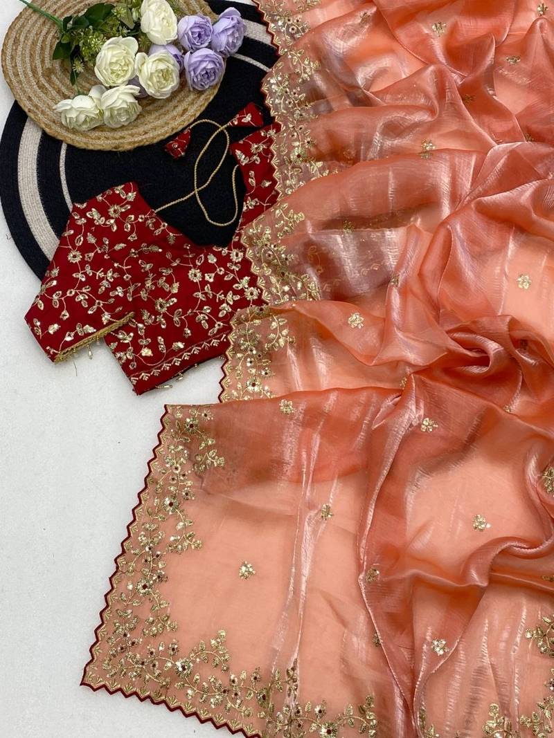 Light Orange Color Embroidery Sequence Work with Rich Floral Border Silk Blend Saree