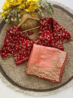Light Orange Color Embroidery Sequence Work with Rich Floral Border Silk Blend Saree 4