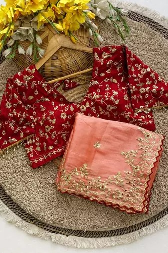 Light Orange Color Embroidery Sequence Work with Rich Floral Border Silk Blend Saree