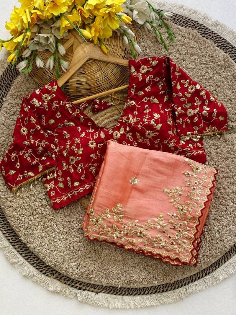 Light Orange Color Embroidery Sequence Work with Rich Floral Border Silk Blend Saree