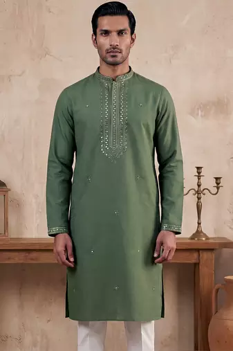Mens green silk blend solid emboidered sequins kurta
