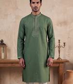 Mens green silk blend solid emboidered sequins kurta
