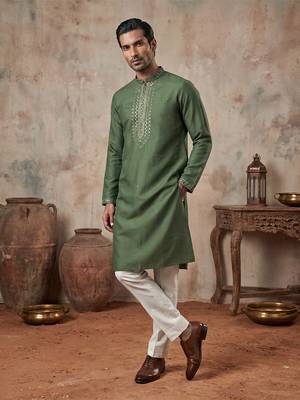 Mens green silk blend solid emboidered sequins kurta 2