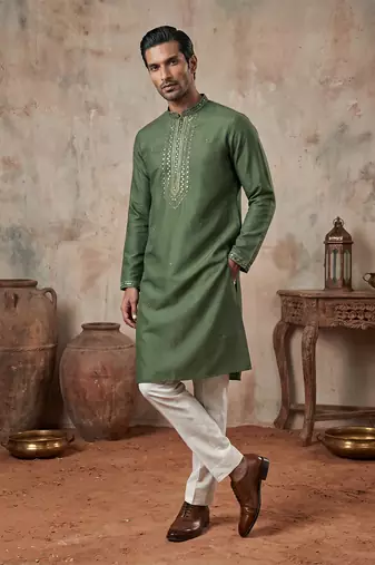 Mens green silk blend solid emboidered sequins kurta
