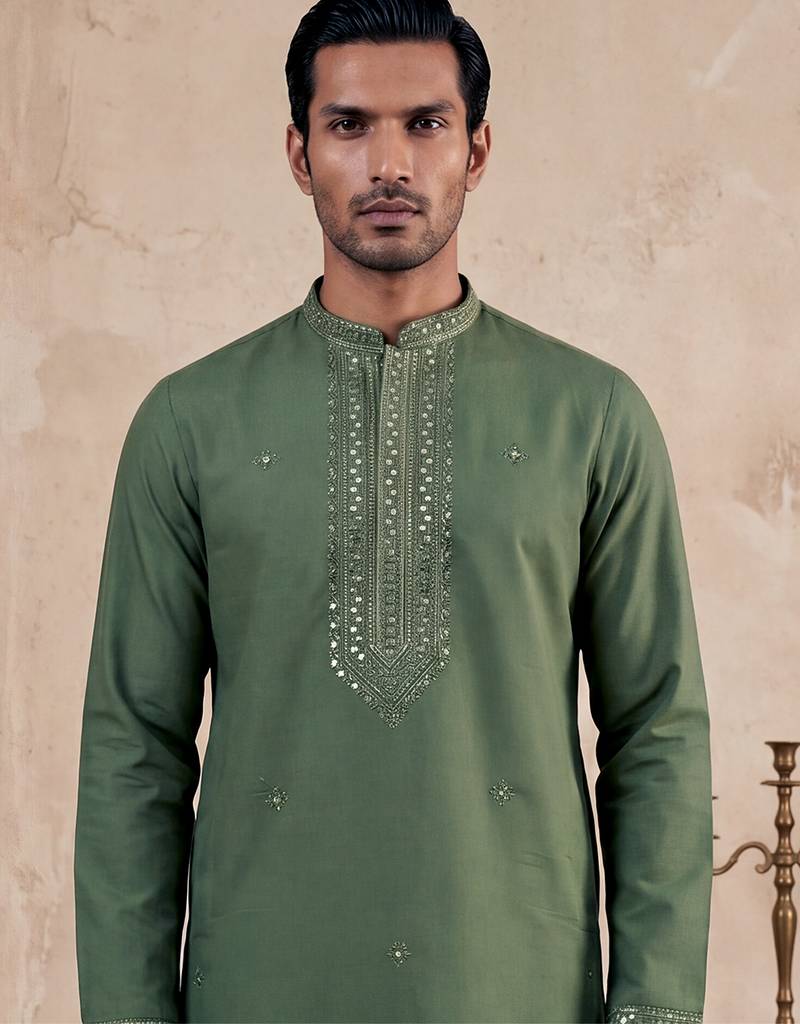 Mens green silk blend solid emboidered sequins kurta