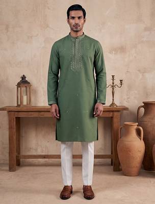 Mens green silk blend solid emboidered sequins kurta 3