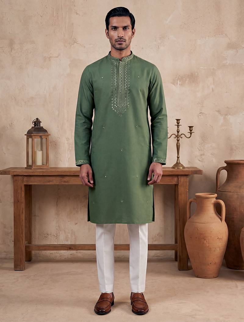 Mens green silk blend solid emboidered sequins kurta