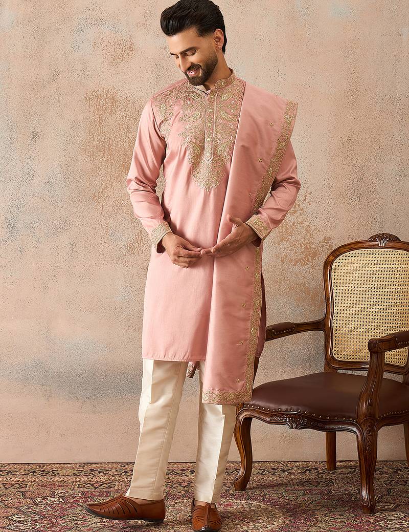 Men pink zari embroidered silk blend kurta with trousers & dupatta