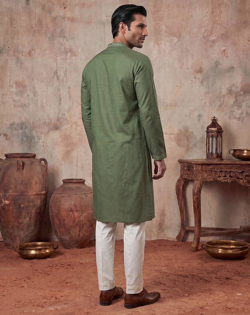 Mens green silk blend solid emboidered sequins kurta