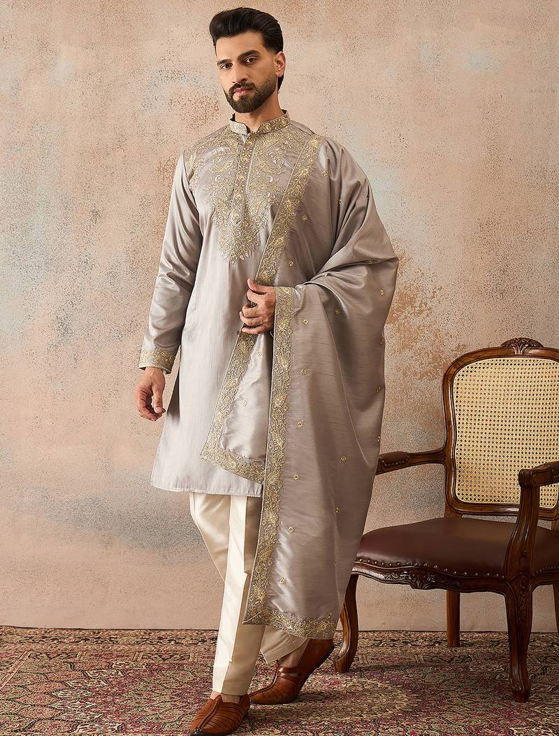 Men grey silk blend embroidered ethnic kurta with trousers & dupatta