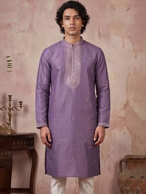 Mens lavender silk blend solid emboidered sequins kurta 1