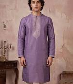 Mens lavender silk blend solid emboidered sequins kurta