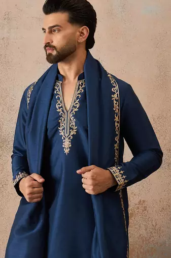 Mens blue silk blend solid embroidered kurta & trouser with dupatta